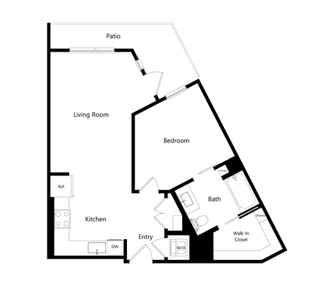 Floor plan for 1 bed, 1 bath, 705 sqft